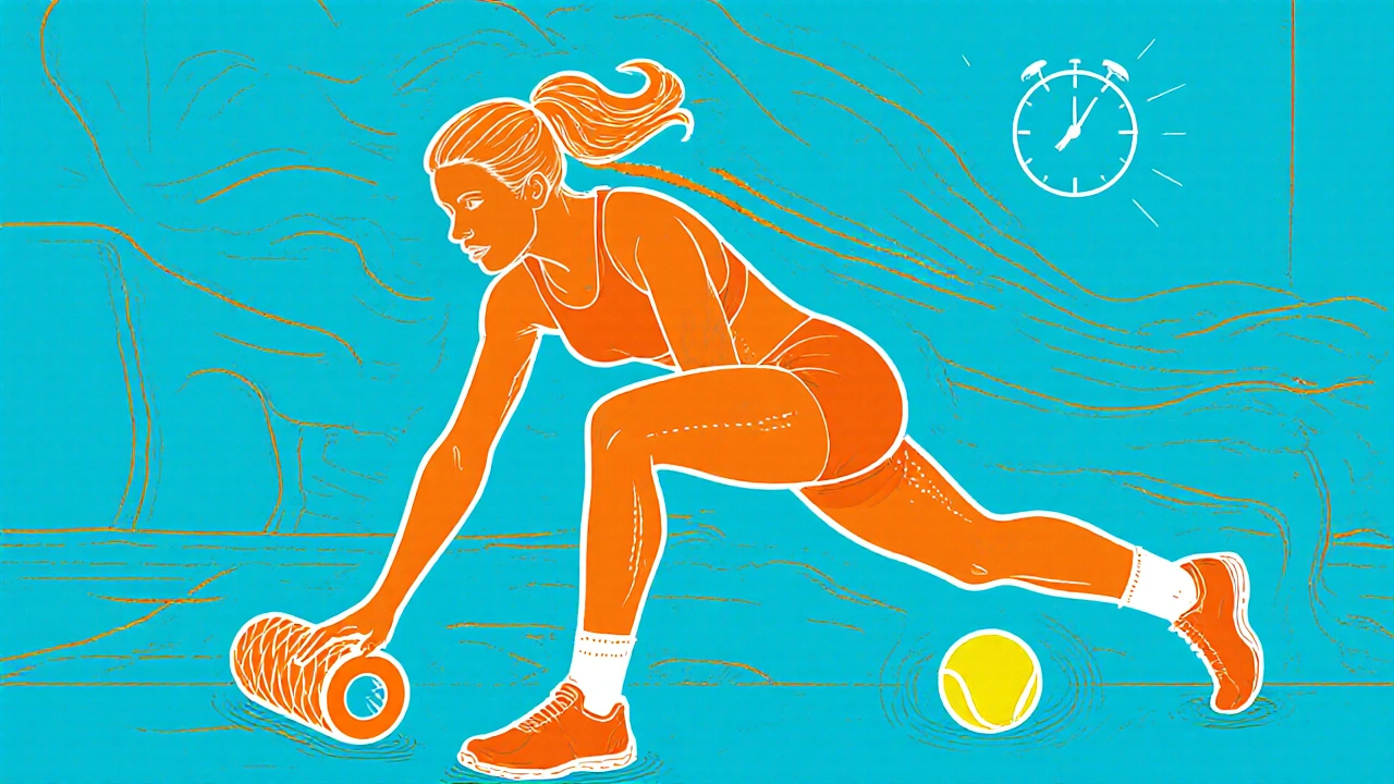 Evde foam roller kullanan bir triatloncu, dinamik çizgi roman tarzında tasvir edilmiş.