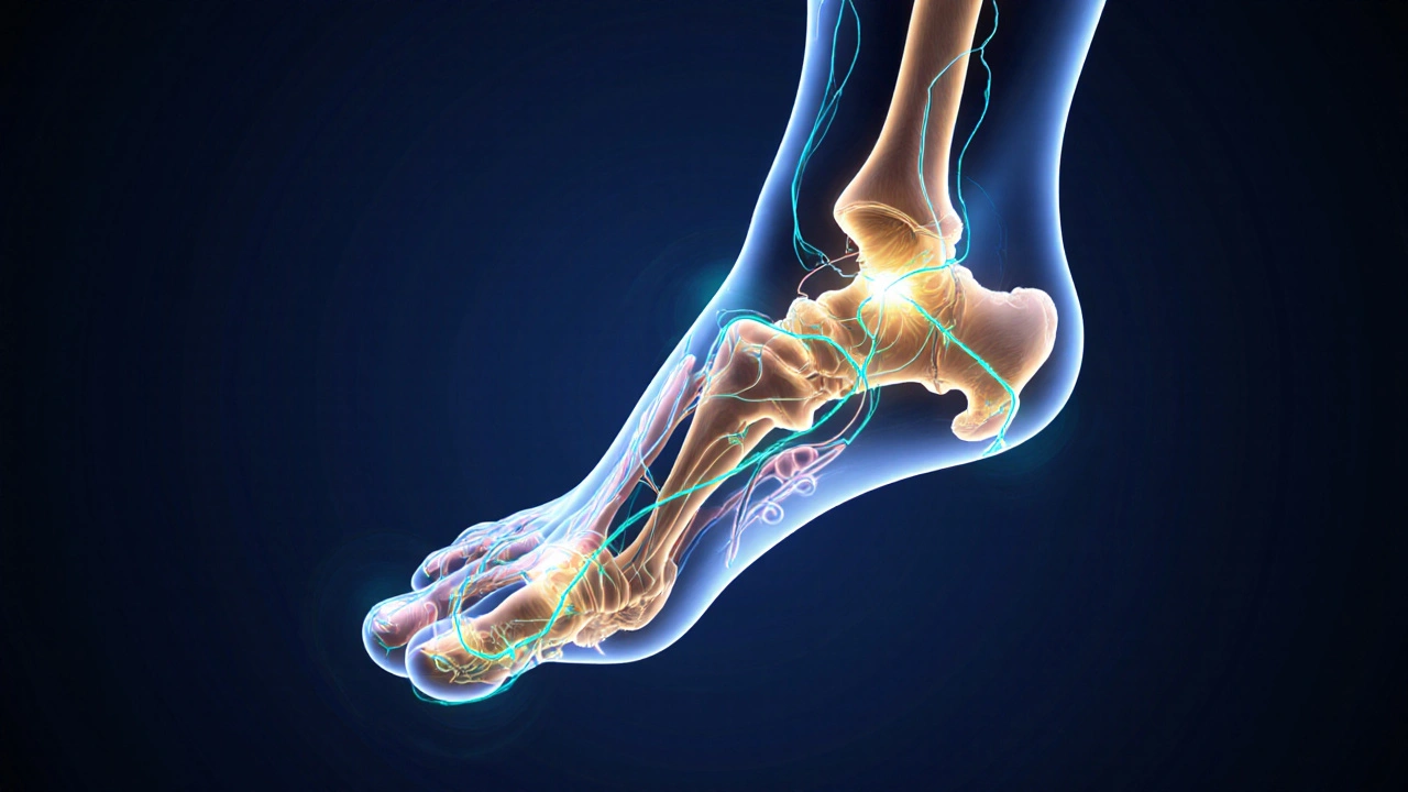 Ayak tabanındaki refleks noktalarından organlara giden ışıltılı enerji hatlarıyla işlenmiş bir anatomik ayak resmi.