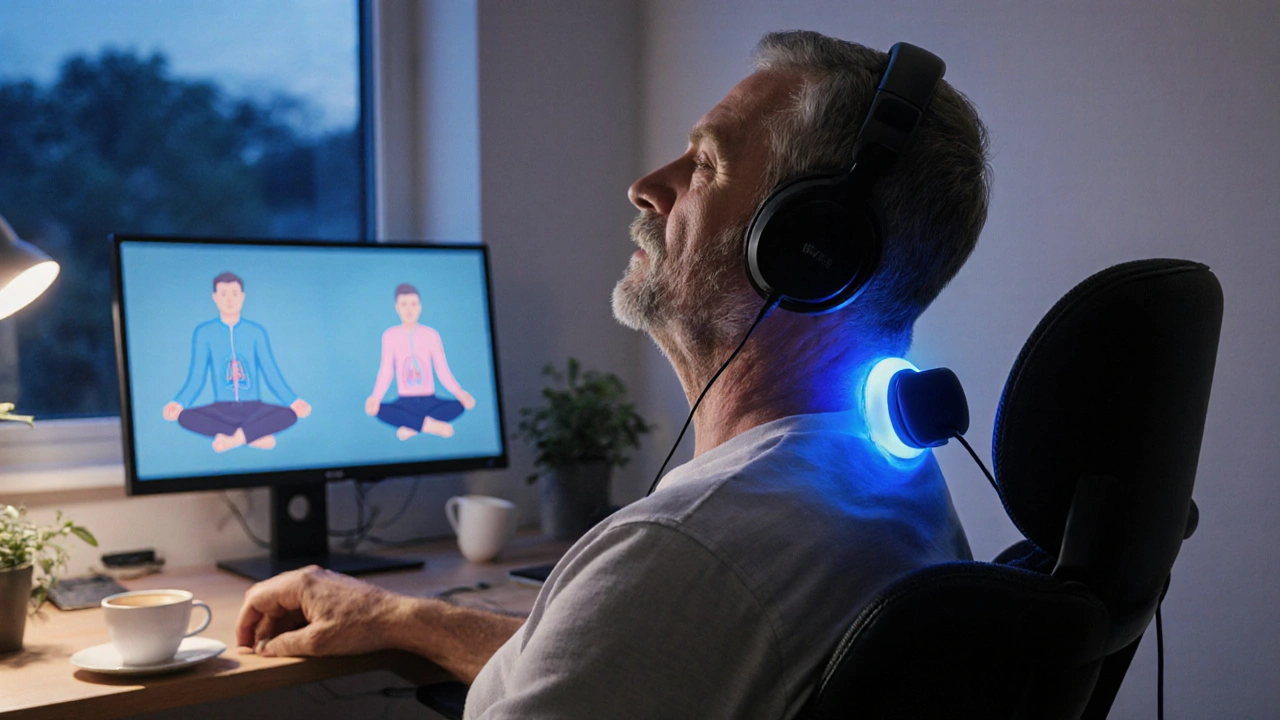 Bir erkek ofiste omuzlarına masaj cihazı ile dinleniyor.