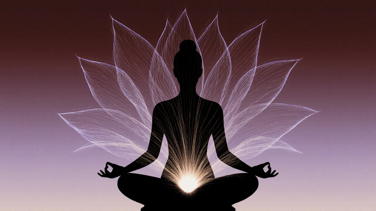 Bir kadının silueti, pelvisinden açılan bir çiçekle içsel yenilenmeyi sembolize ediyor.