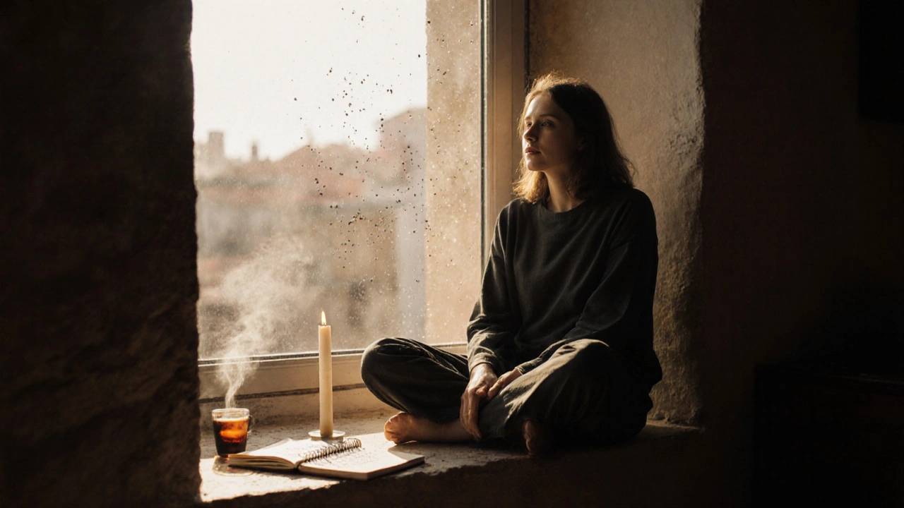 Bir kişi sabah ışığında sessizce meditasyon yapıyor, yanında bir günlük ve bir çay var.