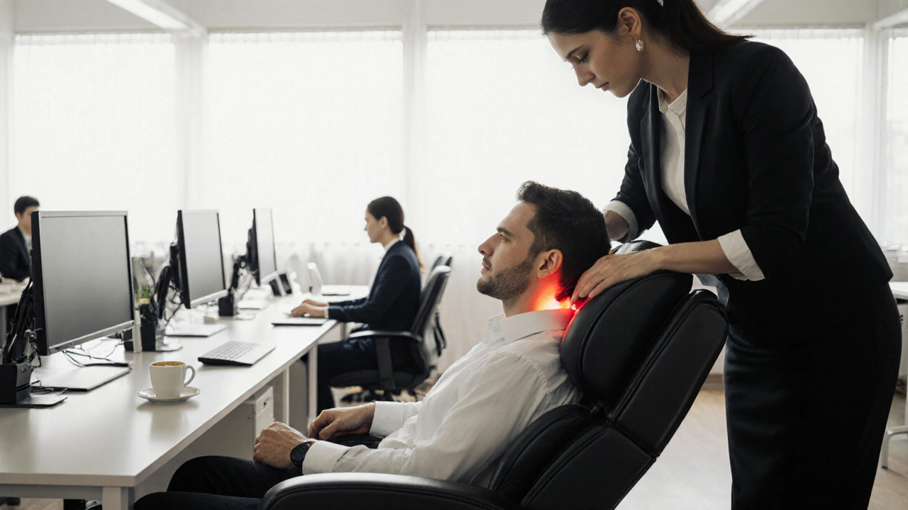 Bir ofiste öğle arısında masaj alan bir çalışan, çevresinde meslektaşlar.