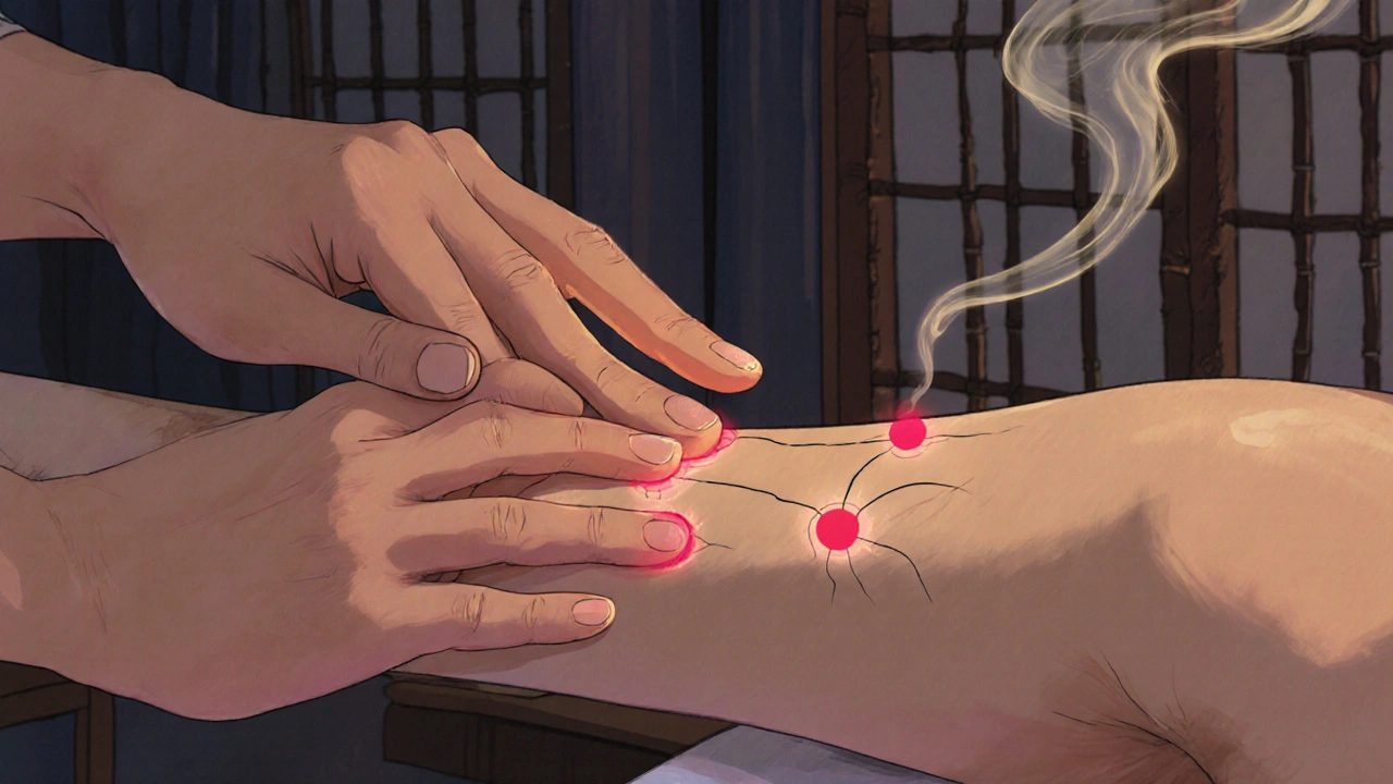 Bir terapistin avucu ve başparmağı, koldaki enerji hattı üzerinde yumuşak bir basınç uyguluyor.