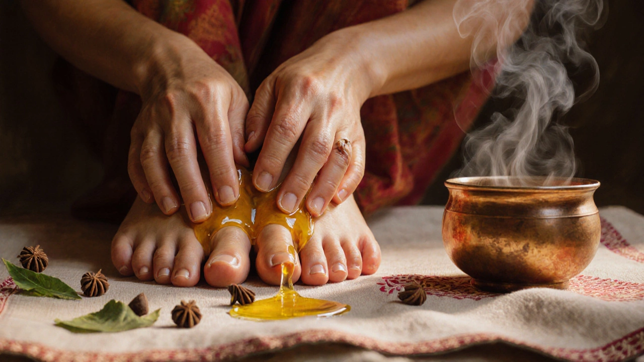 Eller, sıcak bitkisel yağla ayak tabanlarına masaj yapıyor.