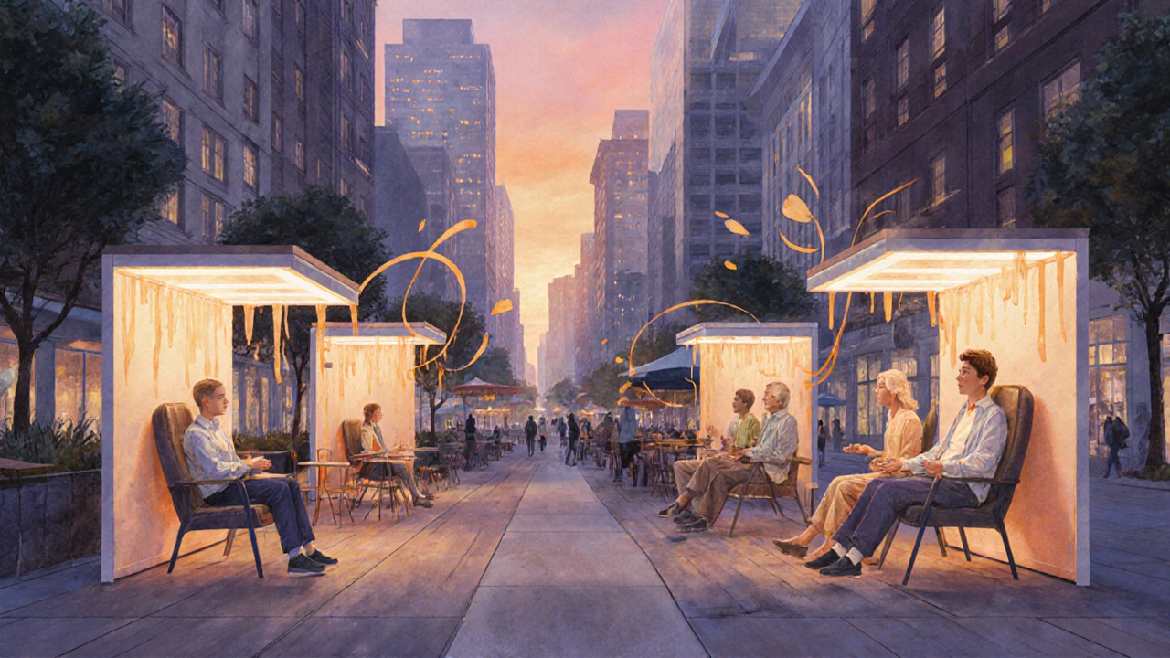 Geleceğin şehrinde sokaklarda dağılmış masaj istasyonları, insanlar rahatlıyor.