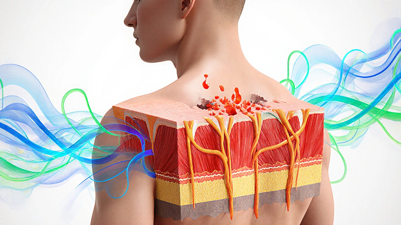 İnsan sırtının anatomik katmanları, derin dokulara ulaşan kan akışı ve iltihap azalması simgeleniyor.