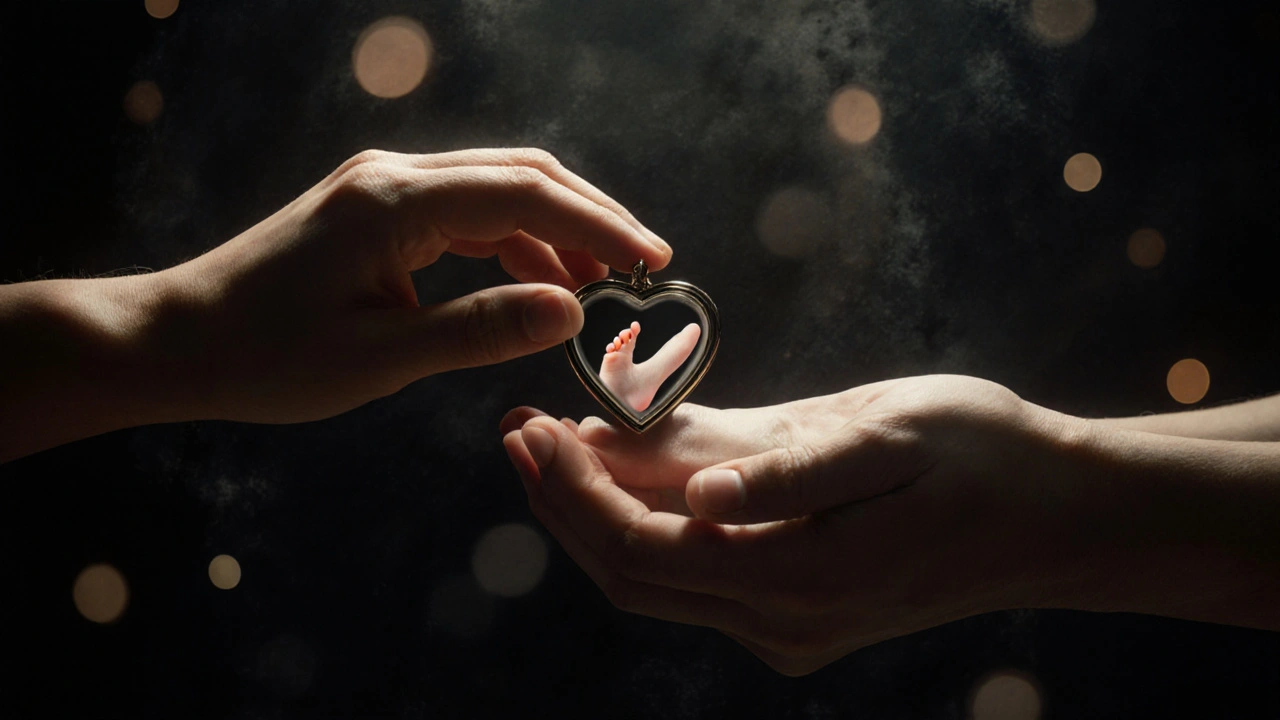 Interlocked hands holding a foot and a heart locket with a tiny foot image, cinematic shadows and light.