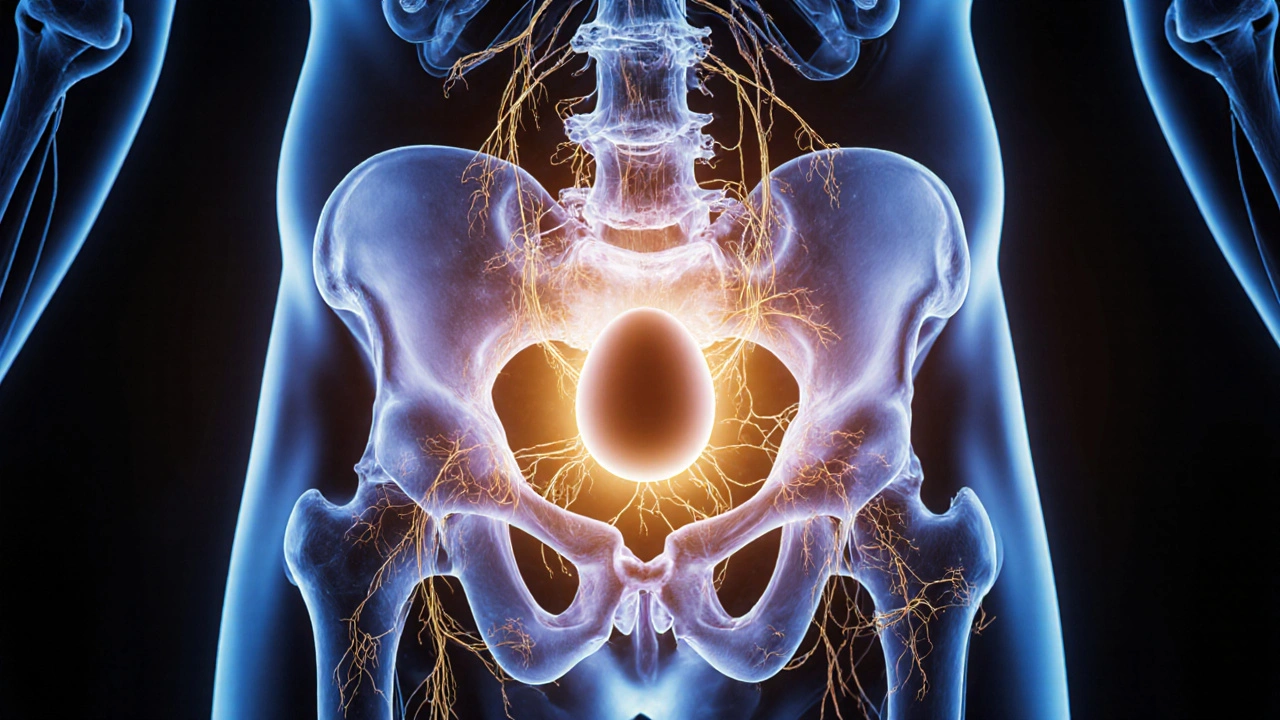 Pelvis kasları ve sinirlerle bağlantılı bir yumurta, zihin-gövde bağlantısını simgeliyor.