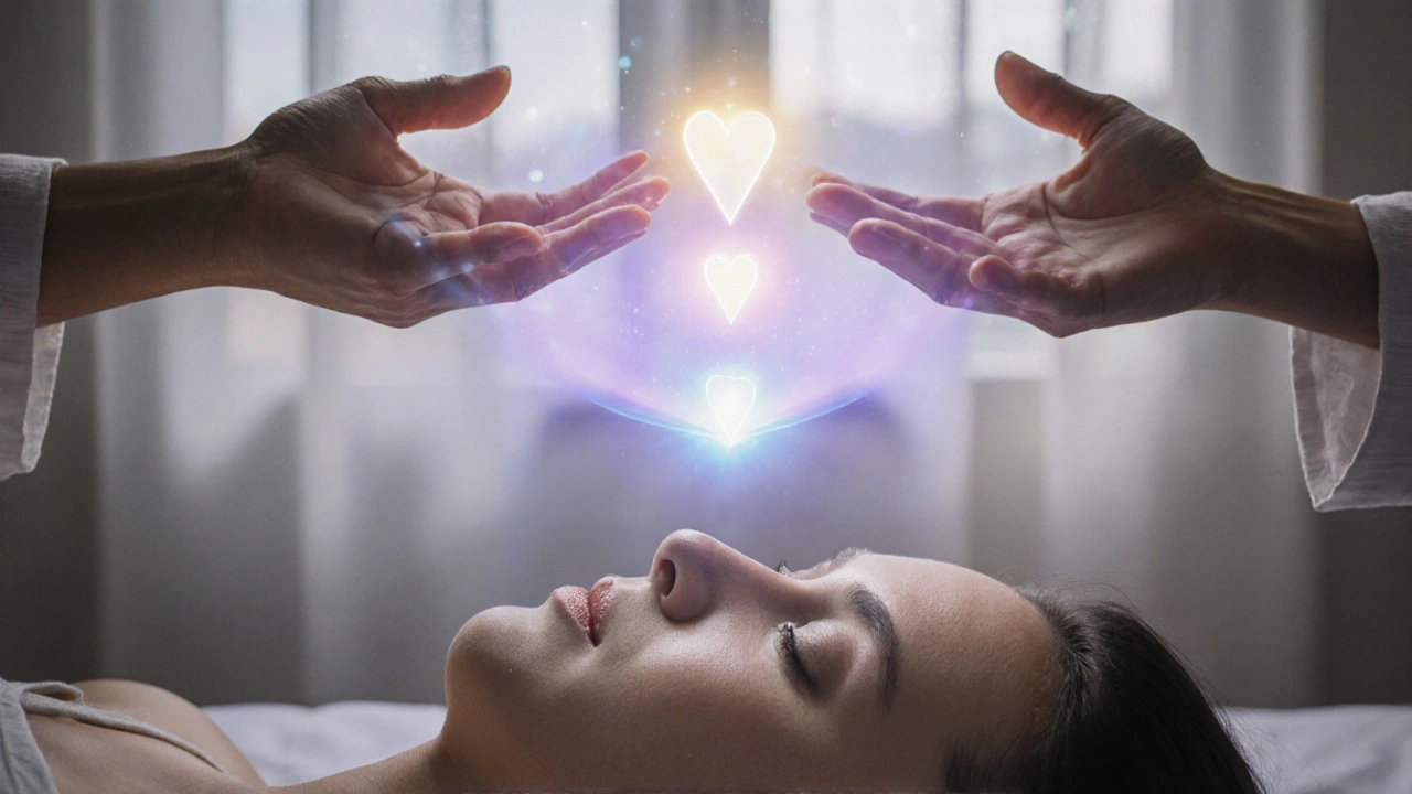 Reiki terapistinin ellerinden çıkan hafif ışık, vücudun enerji merkezlerine doğru yayılıyor.