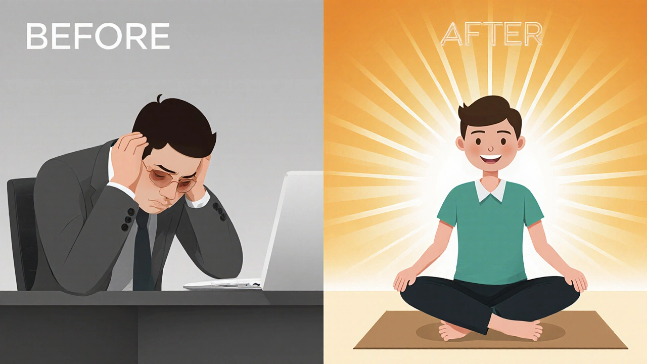 Stresli bir kişi önce ve shiatsu sonrası huzurlu bir şekilde oturmuş olarak karşılaştırılıyor.