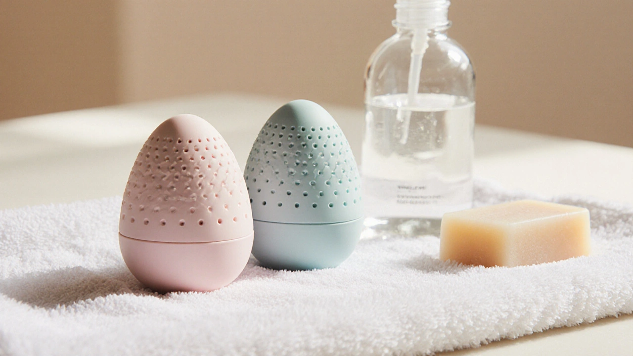 Üç farklı sertlikte Tenga Egg yumurtası, nemlendirici ve sabunla birlikte temiz bir havluda.