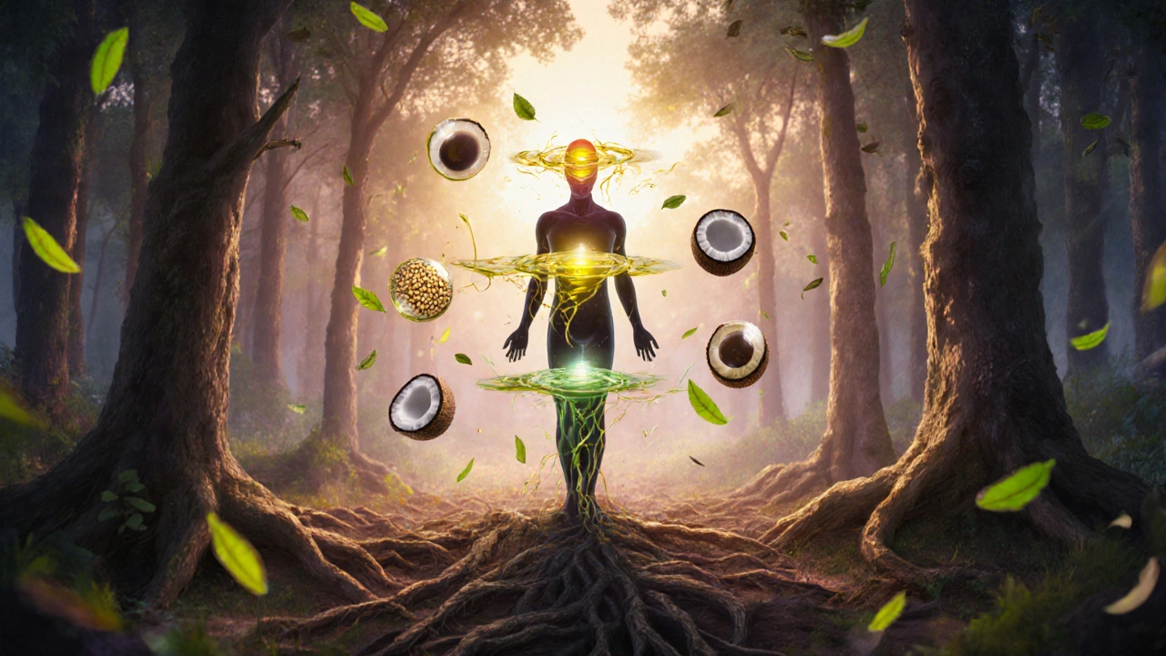 Vata, pitta ve kapha enerjileri bir insan figürüne dengeli şekilde akıyor.