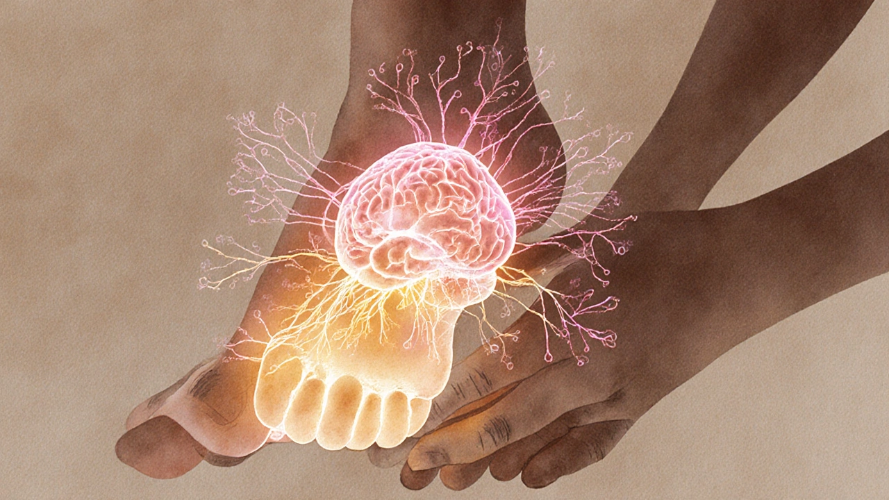 Watercolor brain scan showing neural connections from foot to pleasure centers, soft earth tones.