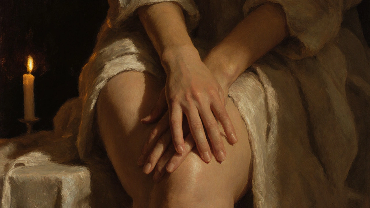 Yumuşak dokunuşlarla omuz ve bacakta hafifçe kayan eller, duygusal bağ kurma anını yansıtır.