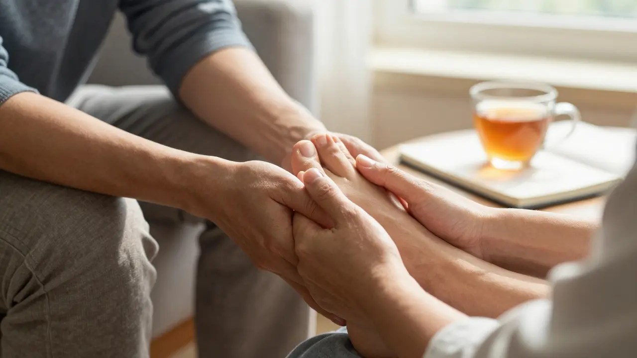 Bir aile üyesi, evde kanser hastasının ayaklarını hafifçe masaj yapıyor, sıcak ışıkta bir bağ kuruyor.