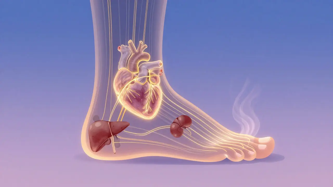 Bir ayakta organlara bağlantıları gösteren ışıltılı refleks noktaları ve huzur veren enerji dalgaları.