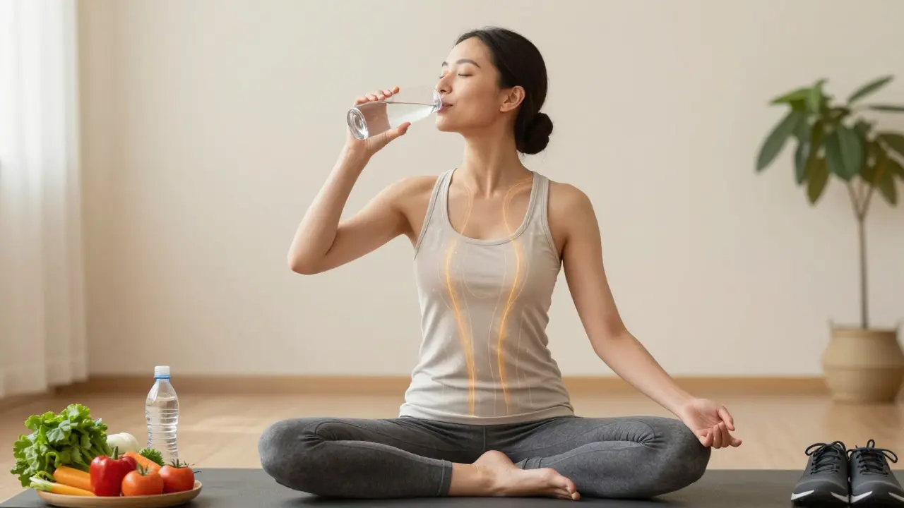 Bir kadın masaj sonrası su içiyor, etrafında sağlıklı yaşam unsurları var, vücuttan hafif altın rengi buharlar yükseliyor.