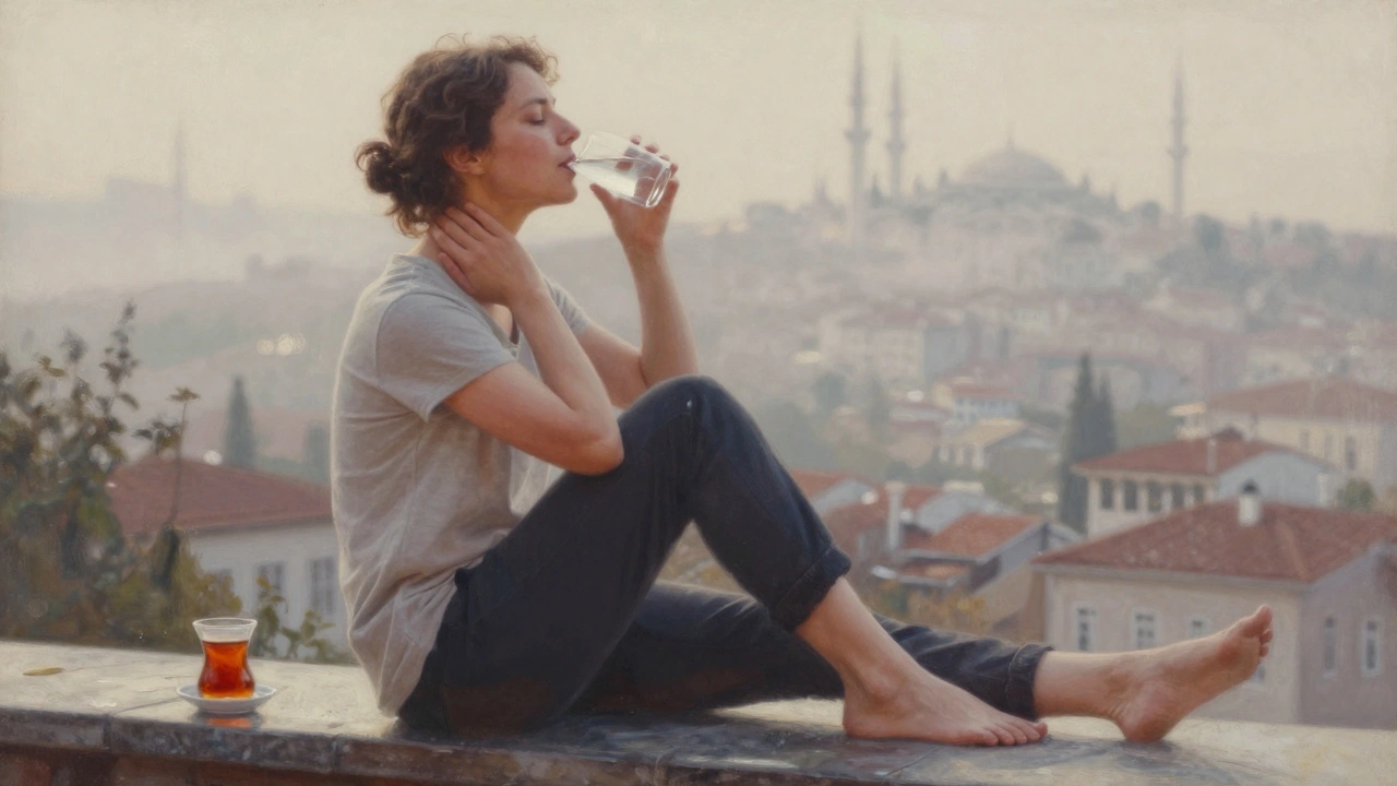 Bir kişi sabah kalktıktan sonra boyun ve göğüs bölgesini hafifçe masaj yapıyor.