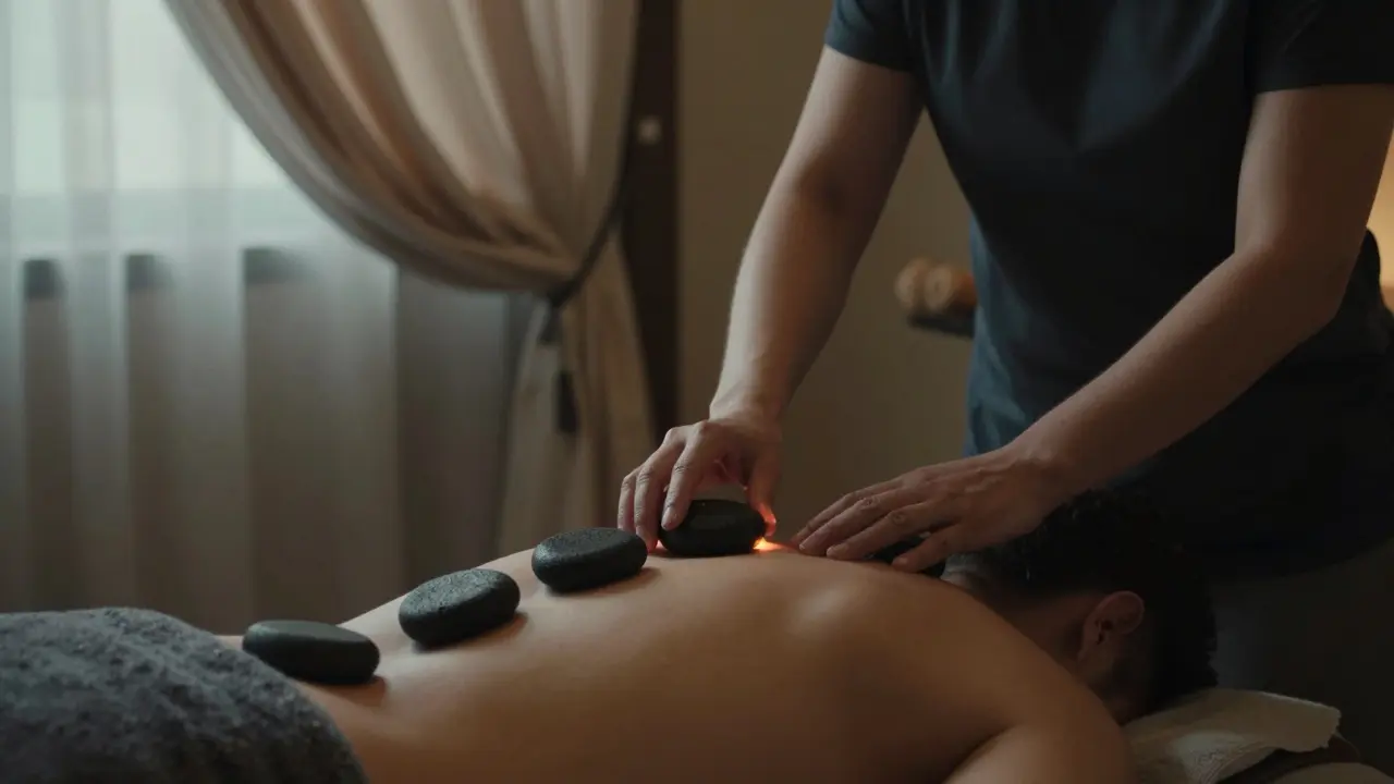 Bir masajist, lava taşlarını bir müşterinin omuzlarında yavaşça kaydırıyor.