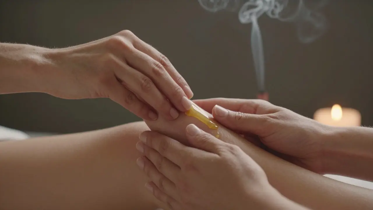 Elde doğal yağla nazikçe masaj yapılan erkek organı, mum ışığı ve dumanlı tütsüyle çevrelenmiş.