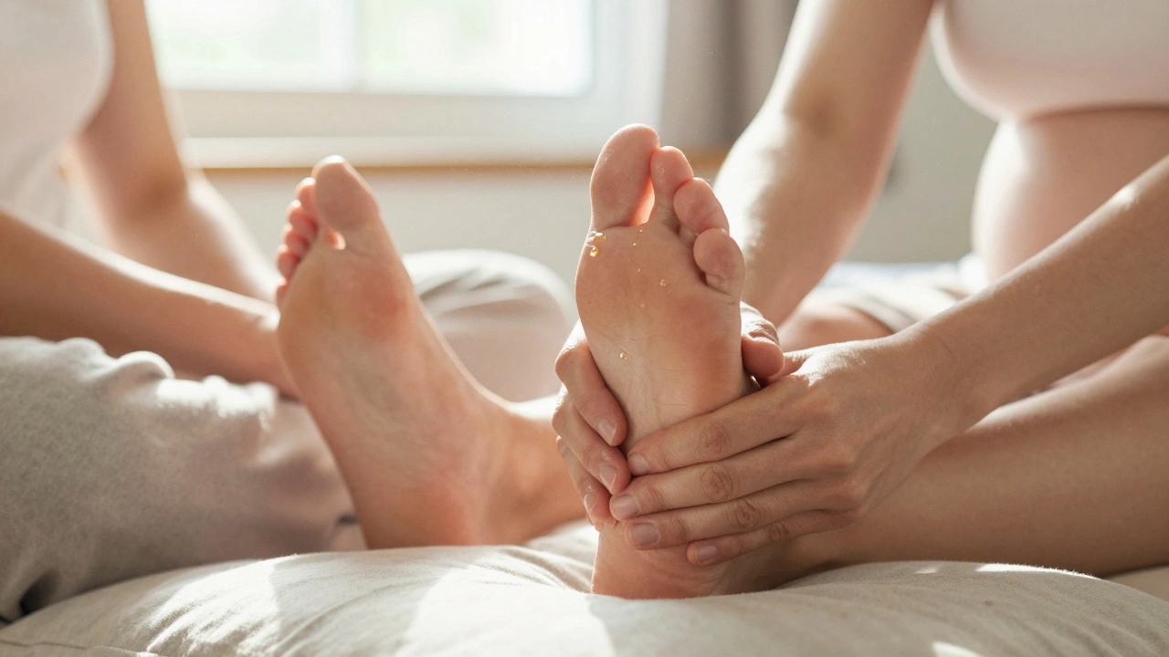 Hamile bir kadının ayakları, partneri tarafından hafif bir yağla masaj yapılmaktadır.