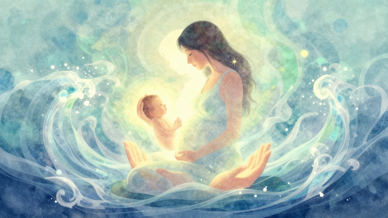 Hamilelik masajının fiziksel ve duygusal faydalarını sembolize eden soyut bir sahne.