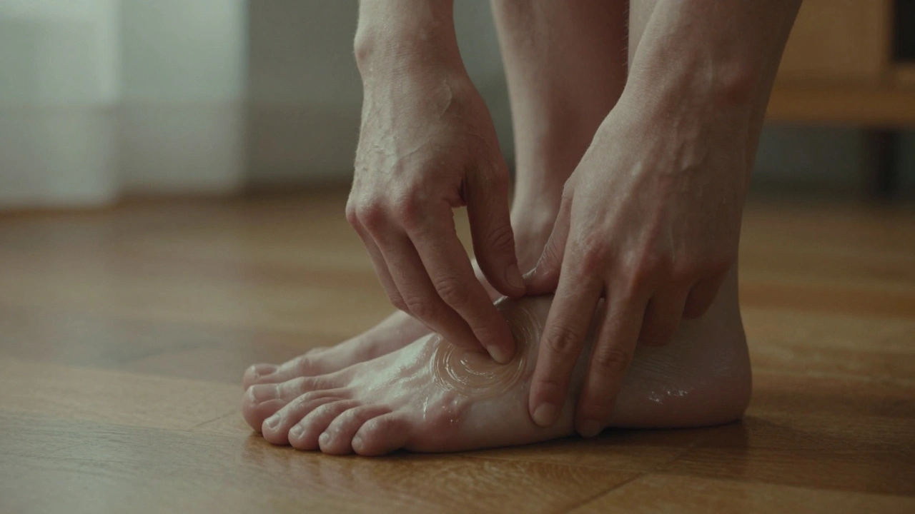 İki el, bir ayak tabanına nazikçe masaj yapıyor, yağlı cilt ışıkta parlıyor.