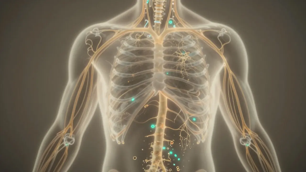 İnsan vücudunun lenfatik damarları, altın rengi sıvı akışıyla gösterilmiş, zarif ve bilimsel bir görsel yorumla.