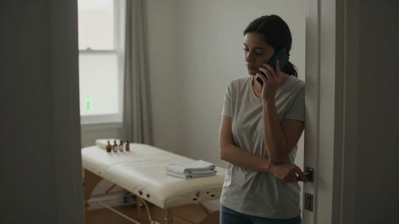 Kadın, kapıyı kilitliyor ve bir arkadaşıyla telefon görüşmesi yaparken masaj odasında temiz havlular ve yağlar görülüyor.