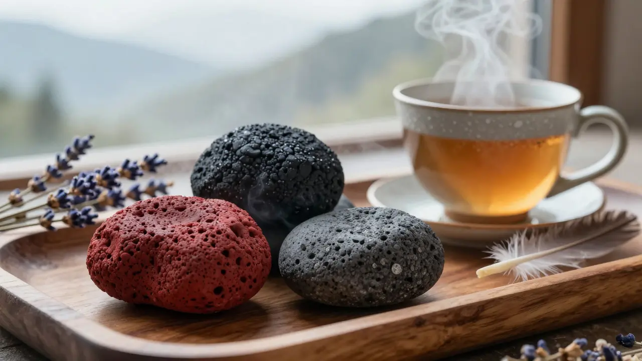 Kırmızı, siyah ve gri lava taşları, çay ve lavanta ile birlikte ahşap bir tepside.