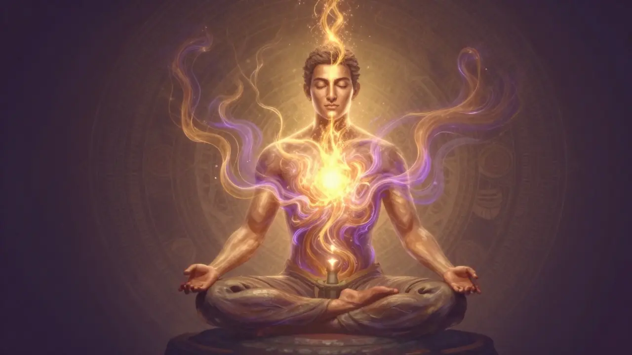 Lingam'dan yükselen altın enerji akışı, vücudun içine ve zihne yayılıyor, mistik bir tarzda.