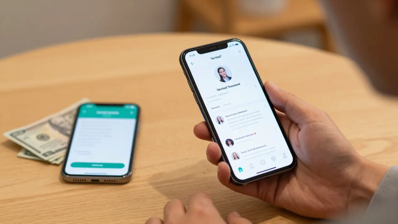 Müşteri, sertifikalı bir terapist profili ve gerçek müşteri yorumlarını içeren bir akıllı telefon ekranını inceliyor.