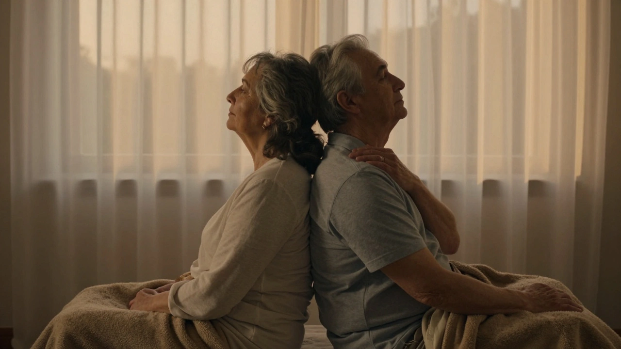 Yaşlı bir çift, sırt sırta oturarak birbirinin omuzlarını masajlıyor, akşam ışığında.