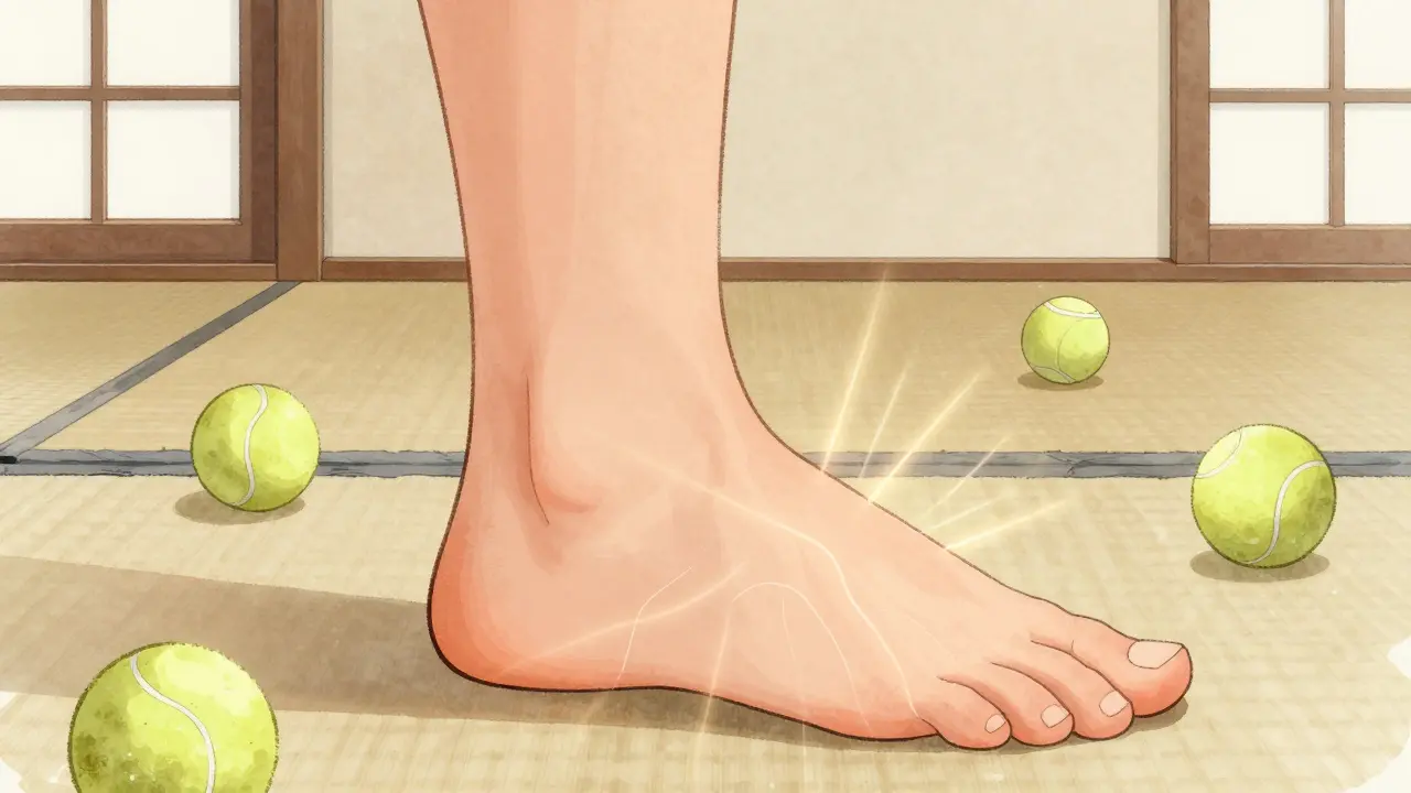 Bir el, ayak tabanındaki enerji noktasına baskı yapıyor, hafif parlayan enerji dalgaları etrafında yayılıyor.