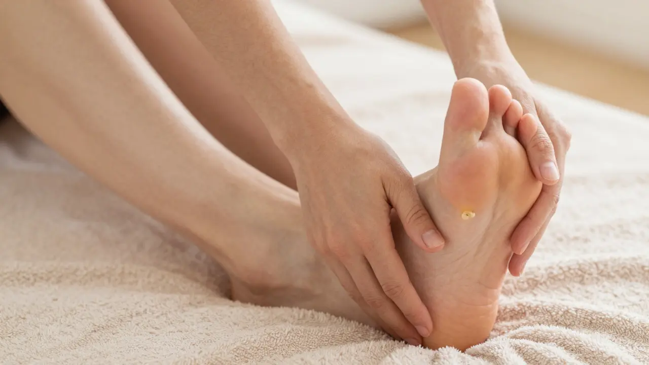 Bir hamile kadının ayak tabanına hafif baskı uygulanıyor, yağlı eller görünüyor.