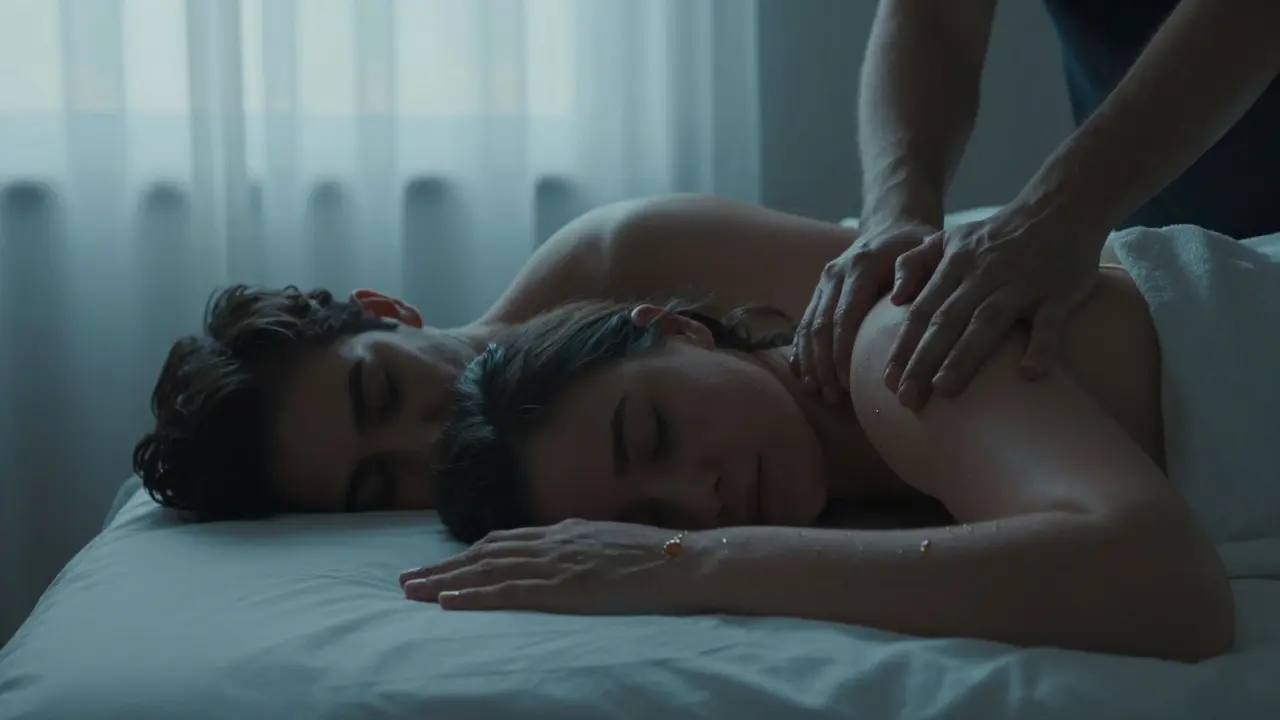 Birbirine yaslanmış iki kişi, nefesleri senkronize, ay ışığı altında.