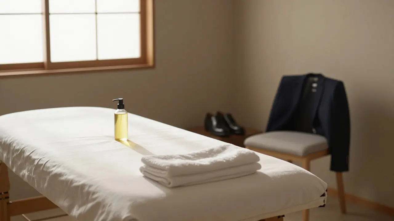 Boş bir masaj odası, sabah ışığıyla aydınlanmış, masanın üzerinde havlu ve yağ şişesi var.
