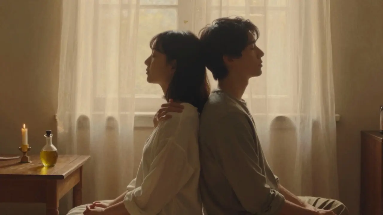 İki partner, aynı anda nefes alırken sırtüstü oturuyor.