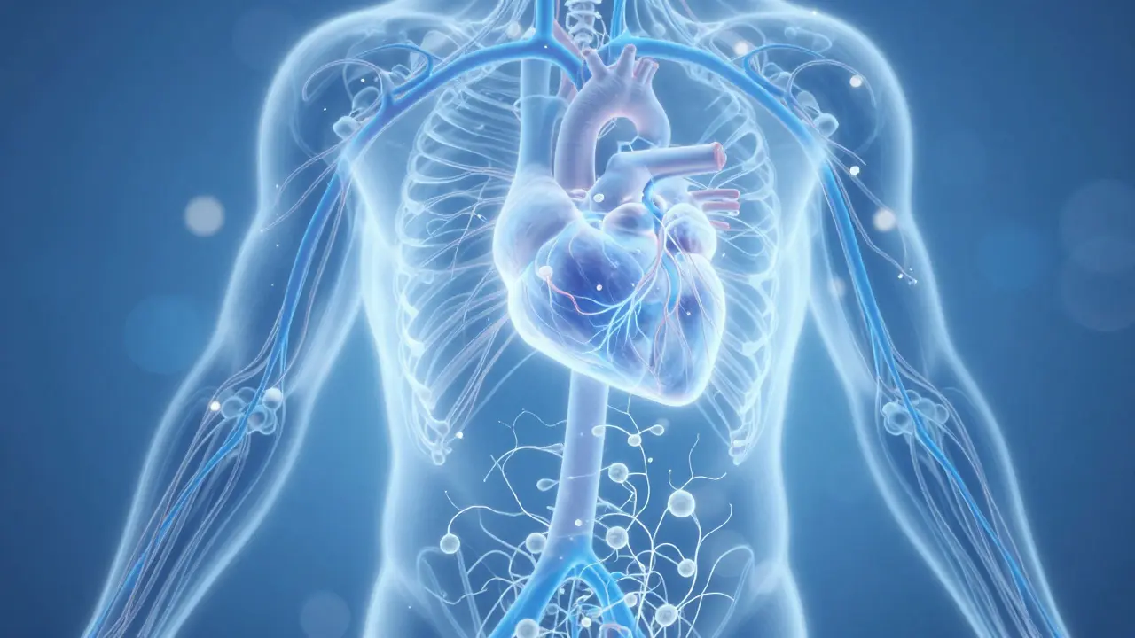 İnsan vücudunda ışık saçan lenfatik damarlar ve lenf akışı, kalbe doğru yükseliyor.