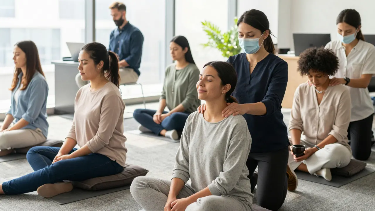 İş yerindeki çalışanlar, rahat kıyafetlerle şefkatle shiatsu masajı alırken sakin ve huzurlu bir şekilde oturuyor.