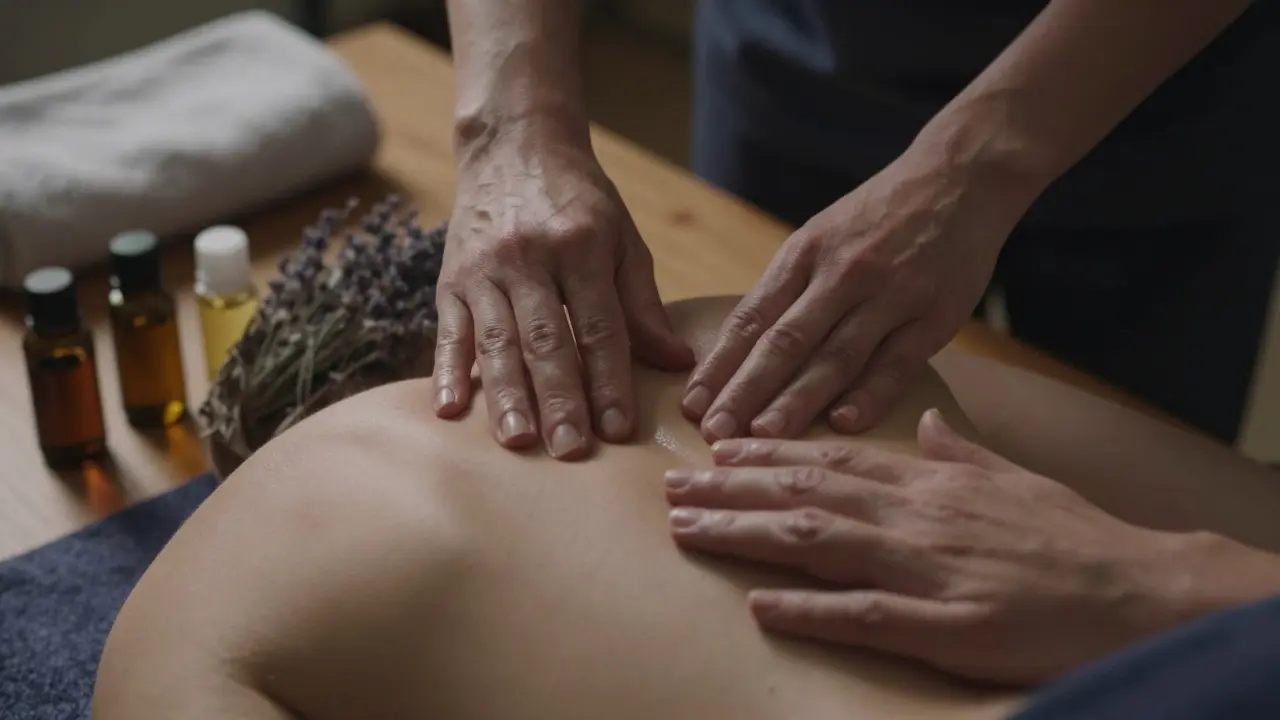 Jojoba yağı ile omurga boyunca yapılan masaj el hareketleri, doğal yağ şişeleriyle birlikte.