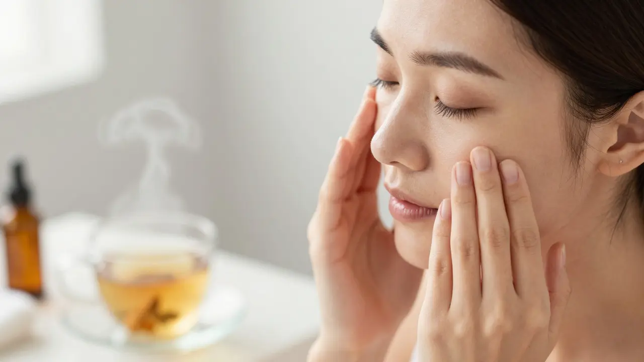 Kadın, yüzünde göz altı şişliğini azaltmak için hafif masaj yapıyor.