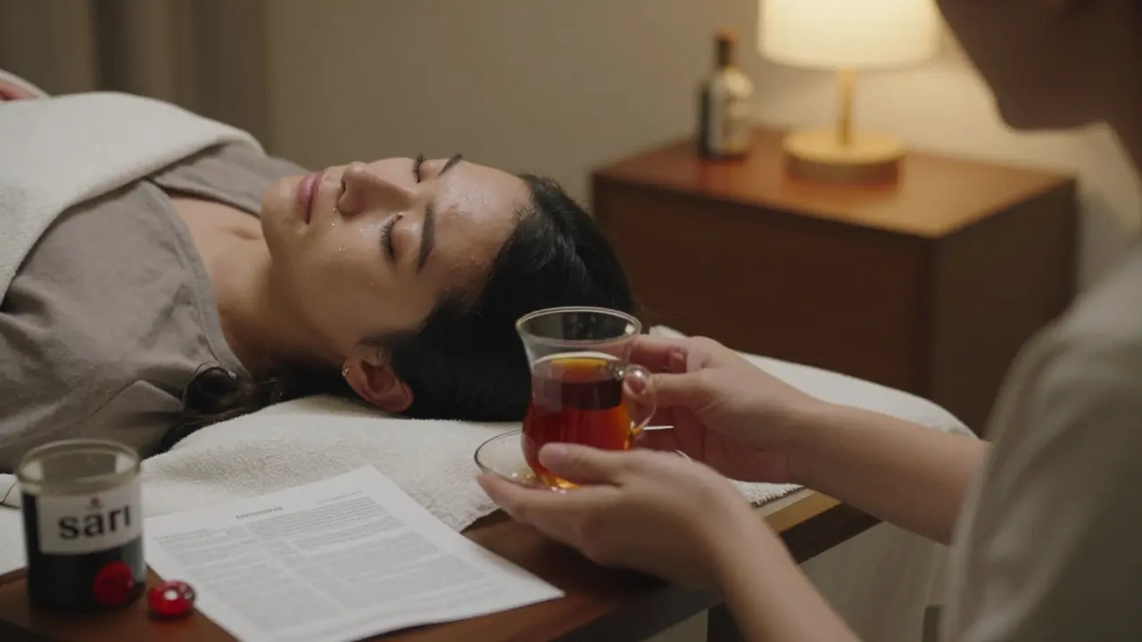 Masaj sonrası sessiz bir an: biri gözlerini kapalı, diğeri çay sunuyor, güvenli bir ortamda.