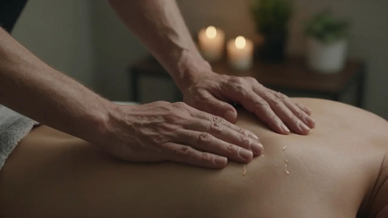 Terapistin eli, yağlı bir omuzda nazikçe basıyor, bir gözyaşı masaj masasına düşüyor.