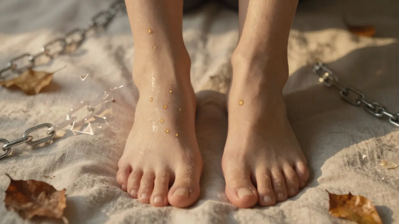 Altında zincirler ve yapraklar olan, ışıkta parlayan bir ayak çifti.