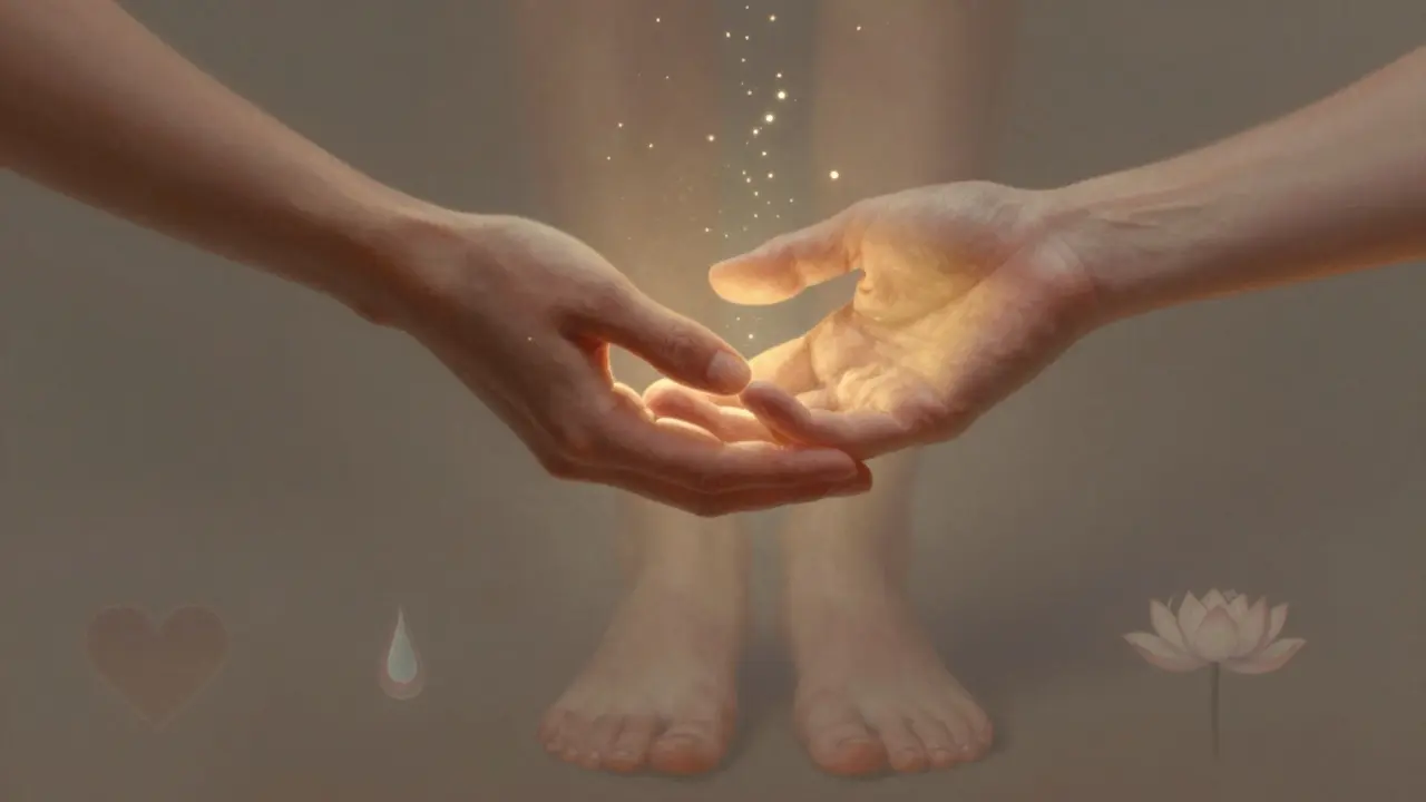 İki el birbirine dokunurken, arka planda bir ayak ve semboller yavaşça bulanıklaşır.