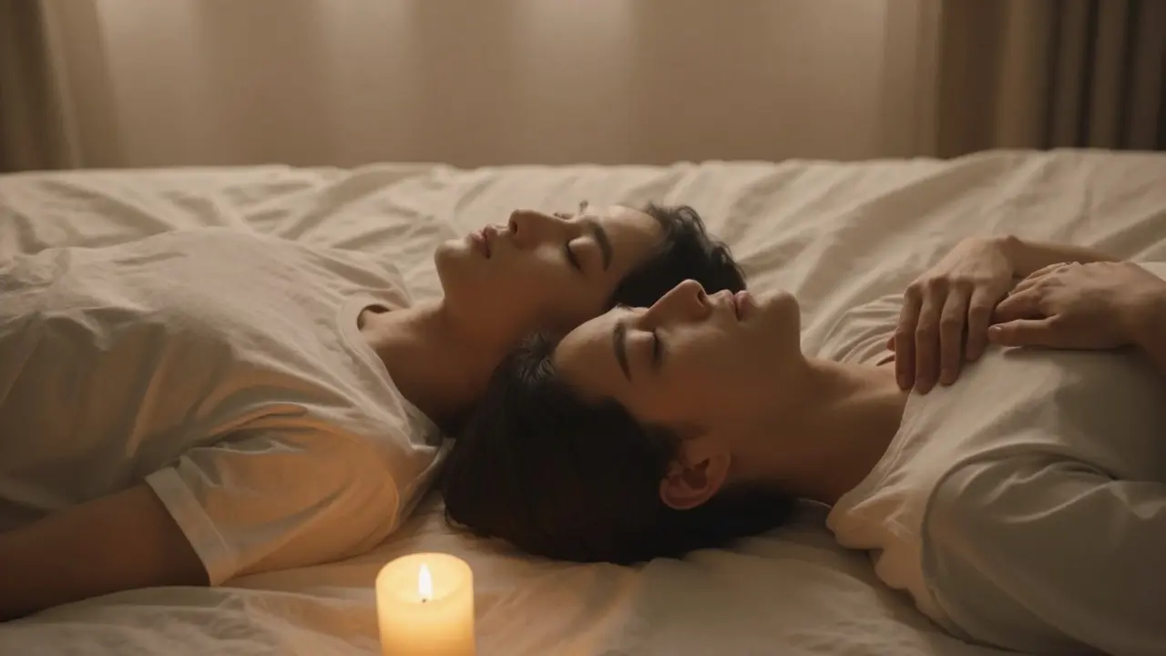 İki kişi yataktan birbirine yaslanmış, gözleri kapalı, bir el kalp üzerinde, sadece nefes alıyorlar.