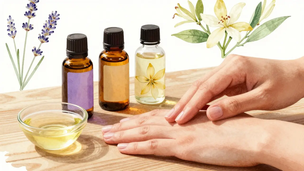 Lavanta, ylang-ylang ve narçın yağları, taşıyıcı yağla karıştırılarak avuç içine masaj yapılmaktadır.