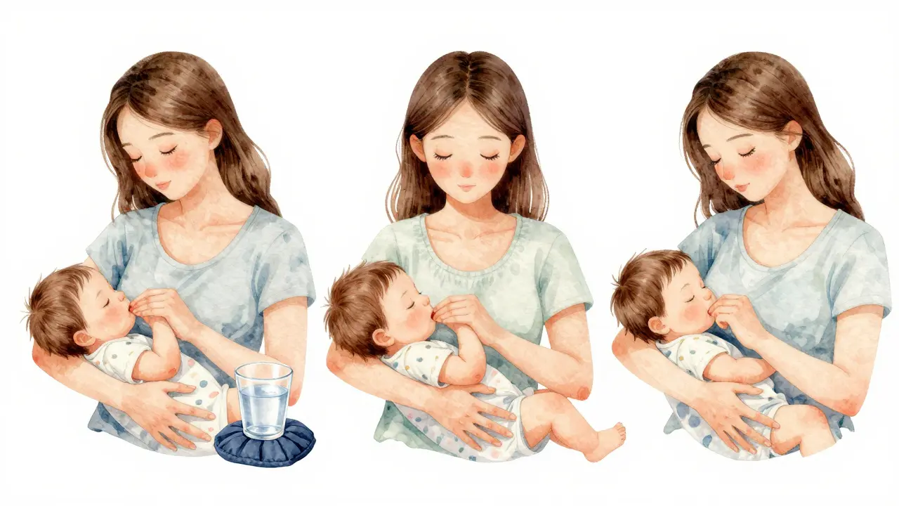 Bir anne, emzirmeden önce, sırasında ve sonrasında meme masajı yapıyor.