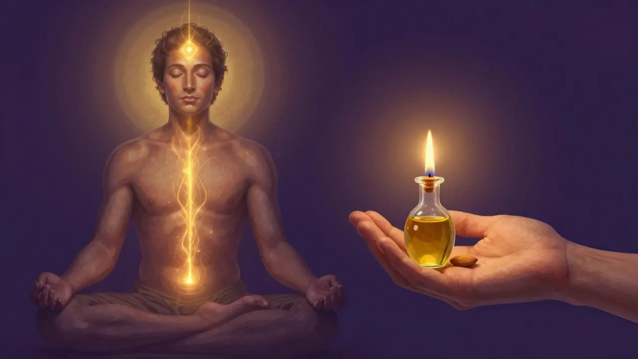 Bir erkeğin meditasyon halindeki yüzü ve elindeki yağ şişesi yan yana, alt karın bölgesinde altın renkli bir enerji akışı ile temsil ediliyor.